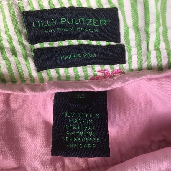 Lilly Pullitzer Mens Phipps Pants Seersucker Palm Trees Pink Green Sz 34 Preppy - Picture 3 of 8